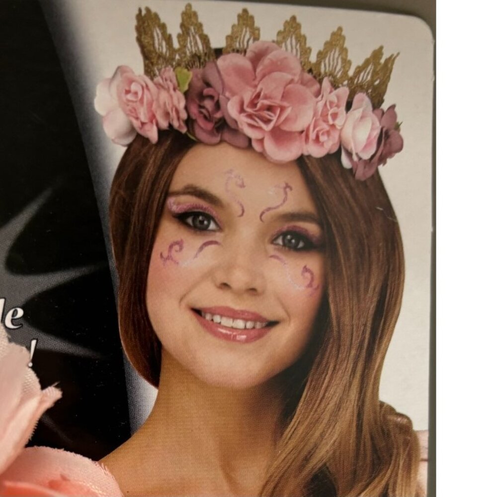 Fairy Pink Flower Gold Crown Headband, Face Tattoos 2 Pc Halloween Accessory 14+